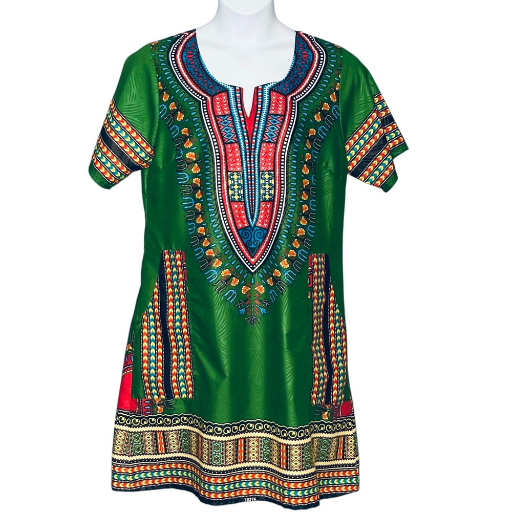 Lapogee Dashiki Shift Dress Sz Large Ethnic Boho Colorful Knee Length Pockets